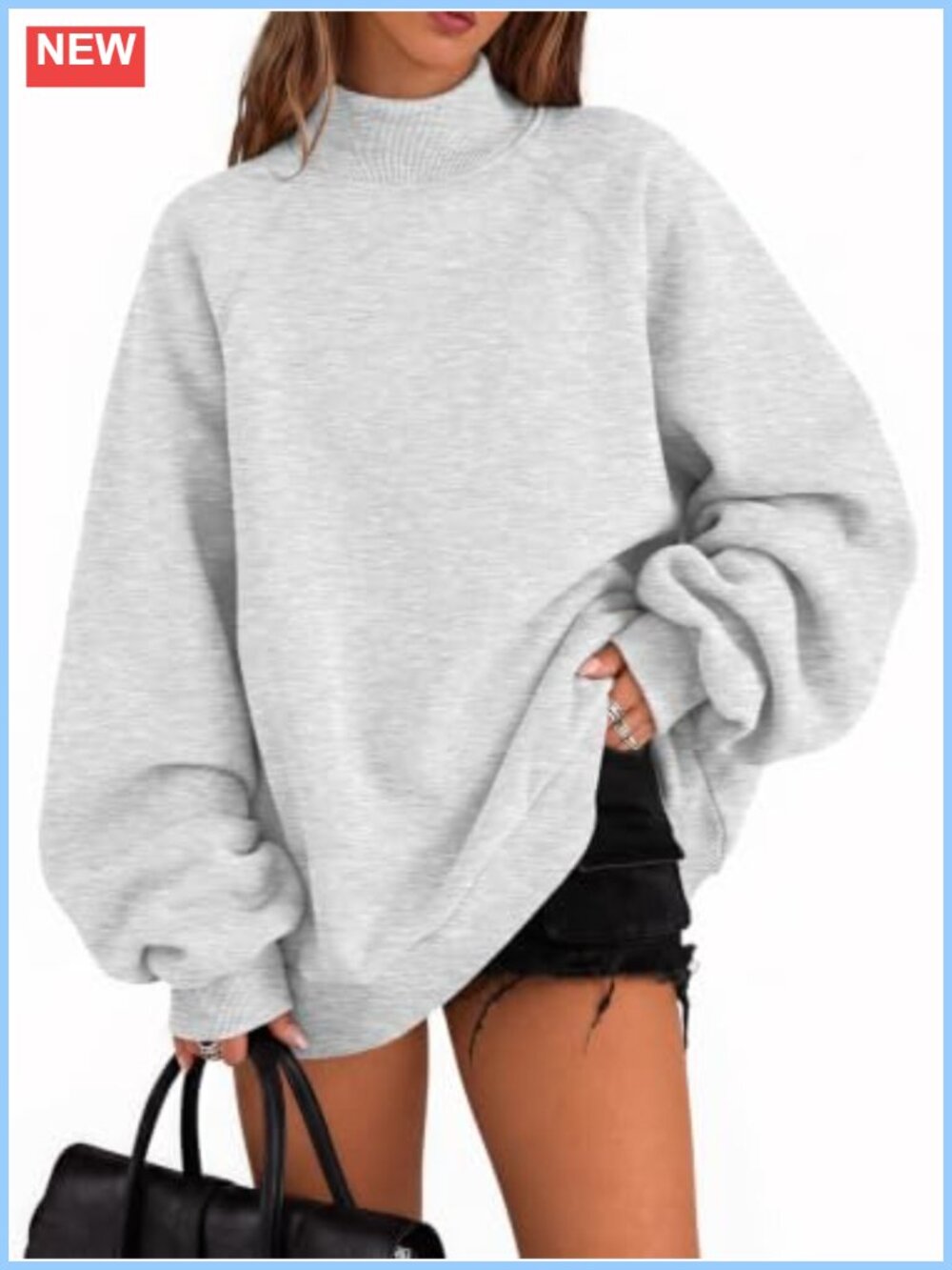 Mock Neck Oversized Sweatshirt with Pockets Raglan Sleeve Pullover